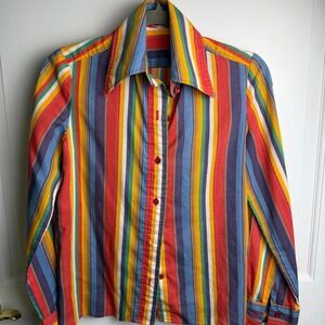 Vintage 70s Rainbow Stripe Button Up Shirt Disco Cotton Long Sleeve (Medium)